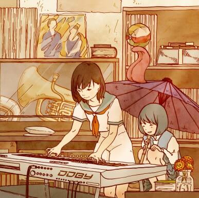 A drawing in the anime style shows a schoolgirl playing an electric keyboard.