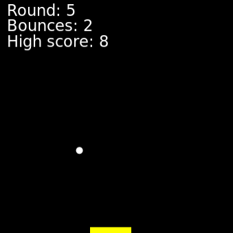 Pong game shows a paddle and ball, with the score and high score at the top.