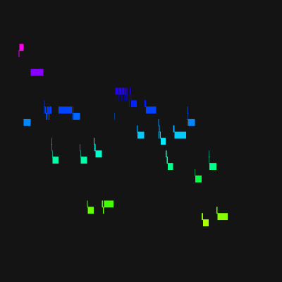 Many tiny brightly-colored squares on a black background visualize the sound of whistling.
